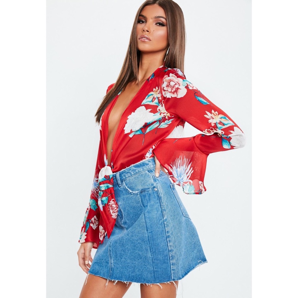 Missguided | Red flute sleeve knot front bodysuit